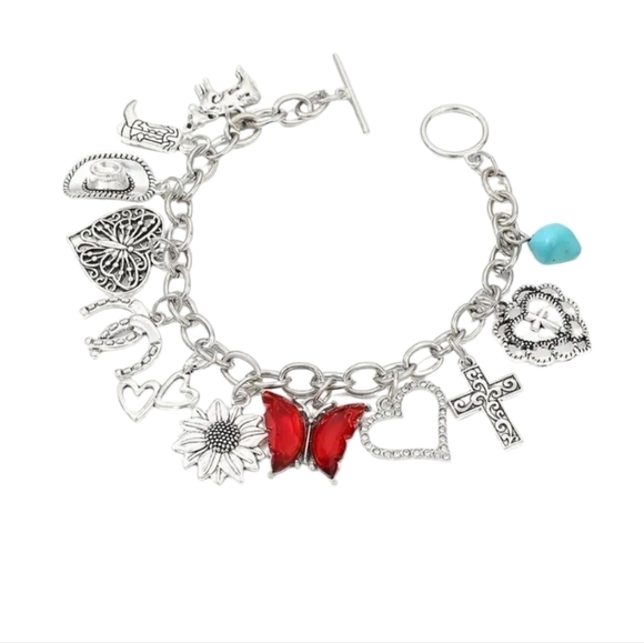 NEW BOHO Charm Bracelet red heart, cross,Sunflower charms - Picture 1 of 5